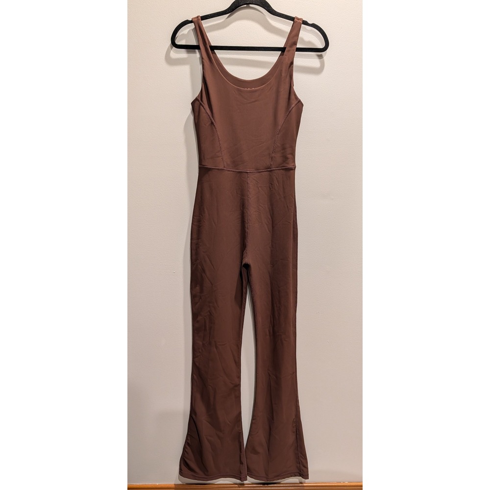 Wilo the Label Flare Leg Jumpsuit Brown Ribbed Sleeveless Bodysuit Size Medium - Picture 2 of 4